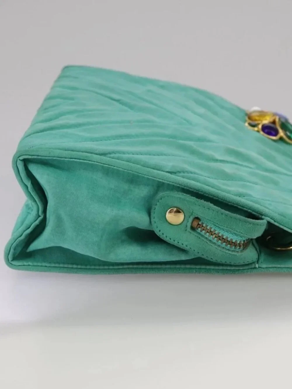 CHANEL V stitch Shoulder Bag Nylon Green Gold CC Auth 107879